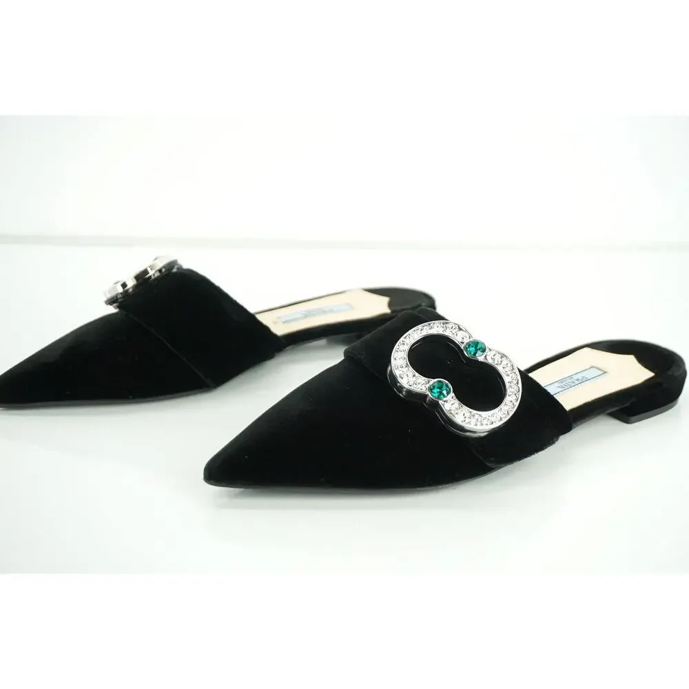 Prada Velvet Crystal Broach Pointy Mule Flat jewel broach